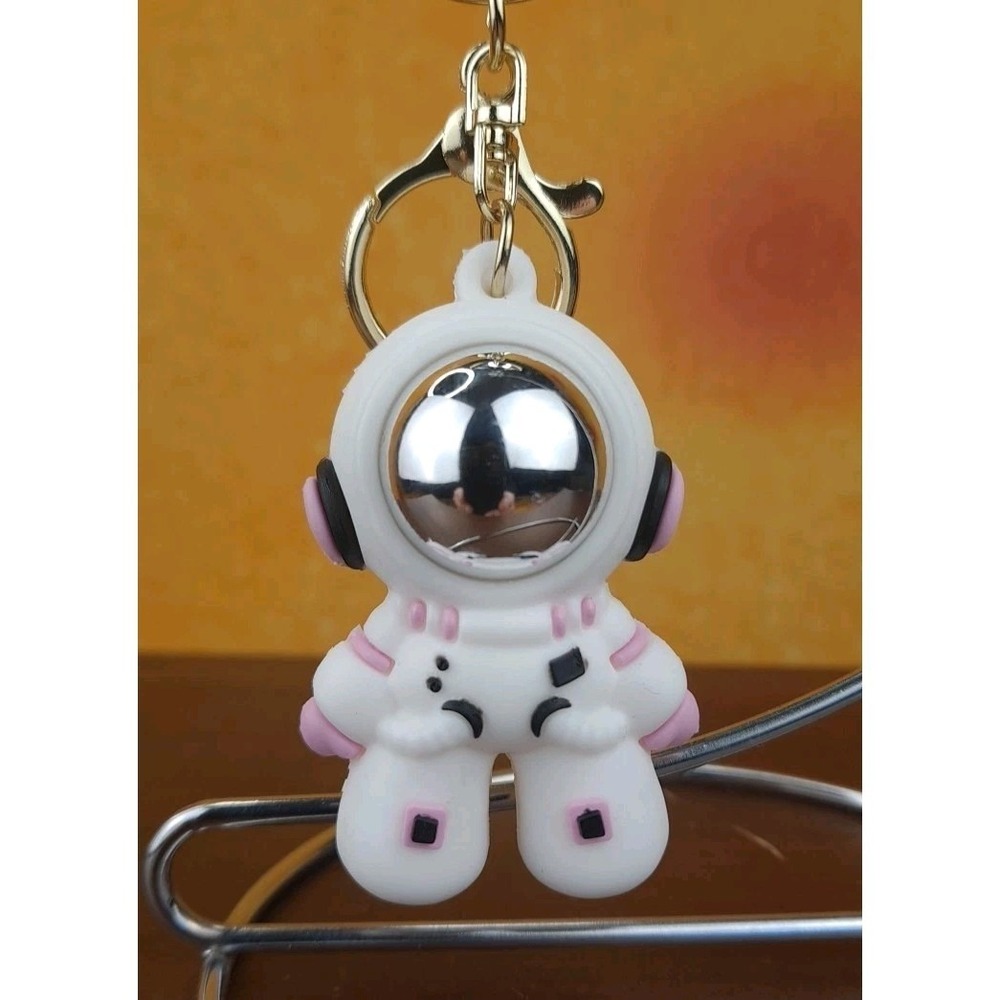 Space Astronaut Keychain Backpack Clip PVC Silver Reflective Face Pink And Black